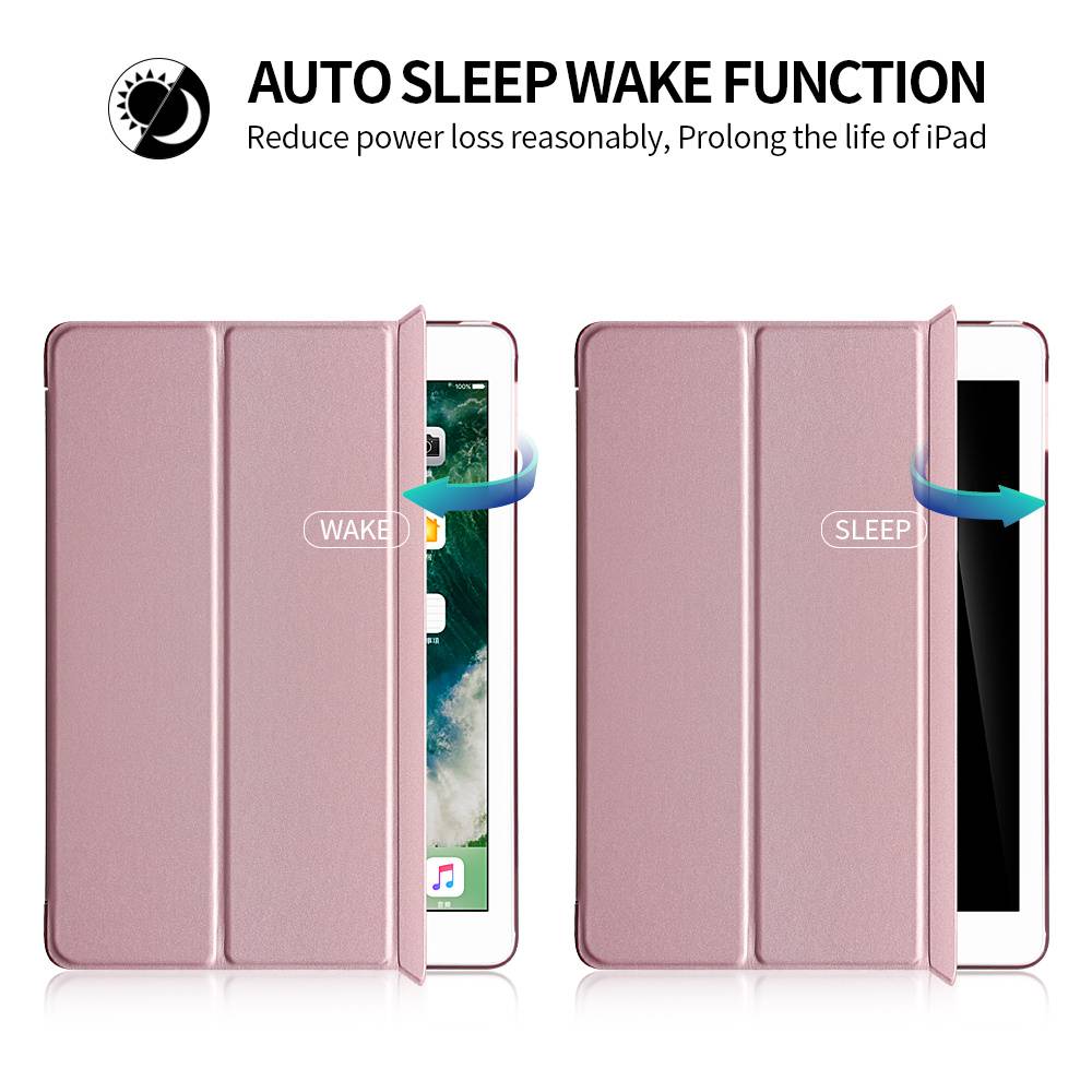 „iPad-Schutzhüllen", die in offener und geschlossener Position dargestellt werden, mit Text „Wake"" und „Sleep"", um die automatische Sleep/Wake-Funktion zur Energieeinsparung zu veranschaulichen.