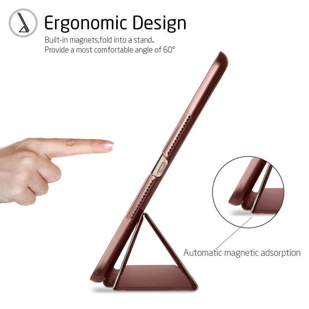 Ein Finger zeigt auf ein schlankes Gerät in einer Hülle, die sich in einem 60-Grad-Winkel zu einem Ständer faltet. Text: „Ergonomisches Design."