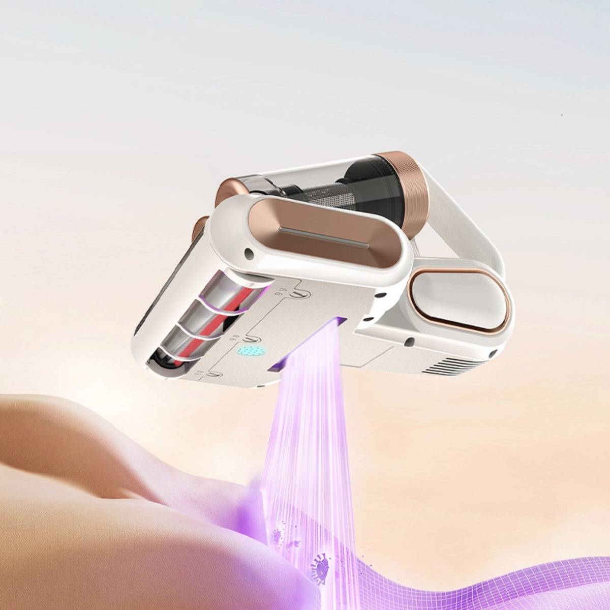 Ein futuristisches Gerät schwebt über einer glatten Oberfläche und sendet einen violetten Lichtstrom aus, was auf fortschrittliche Reinigungs- oder Scantechnologie hindeutet.