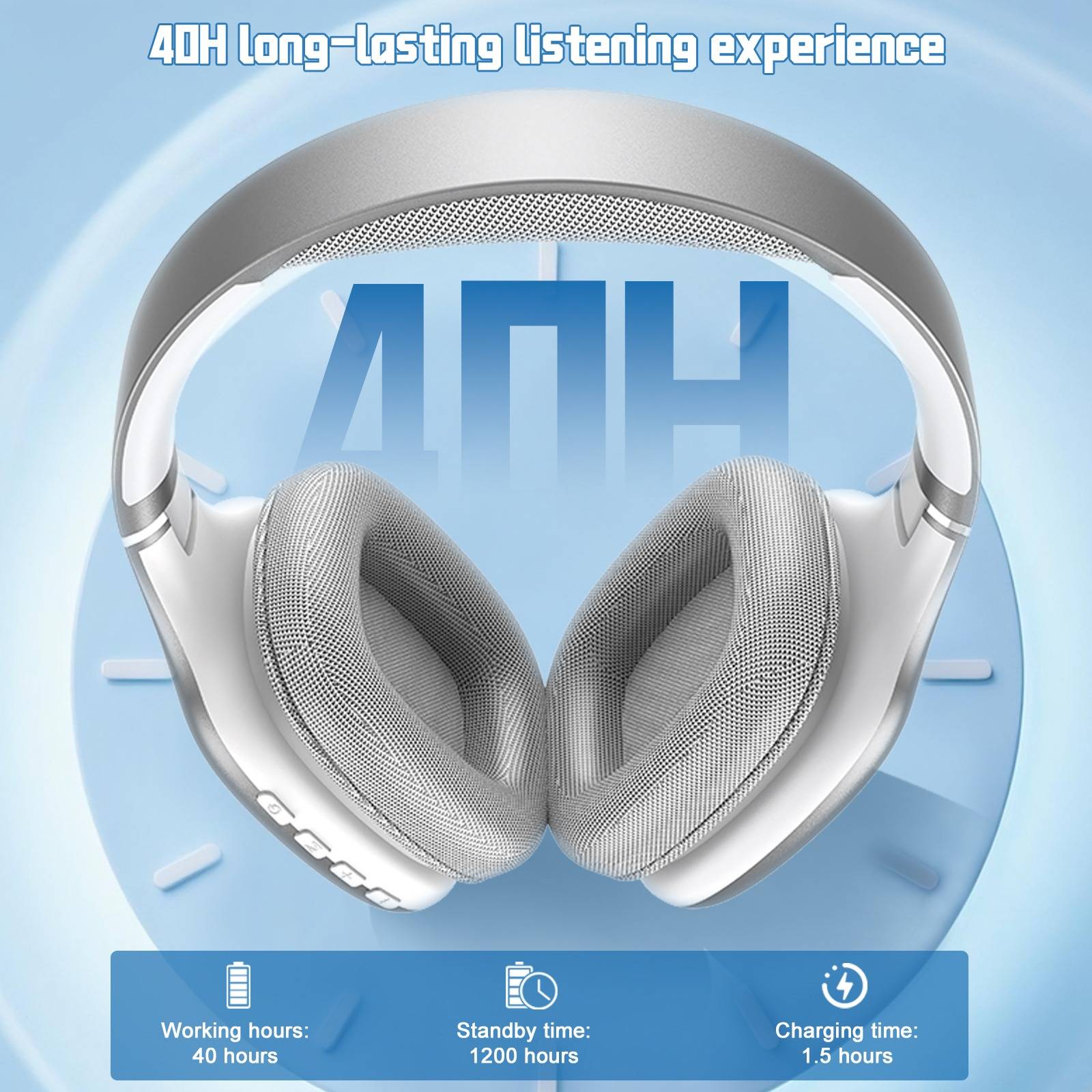 Kabellose Over-Ear Bluetooth 5.4 Kopfhörer - Stereo Sound, Lange Akkulaufzeit, Geräuschunterdrückung Silver