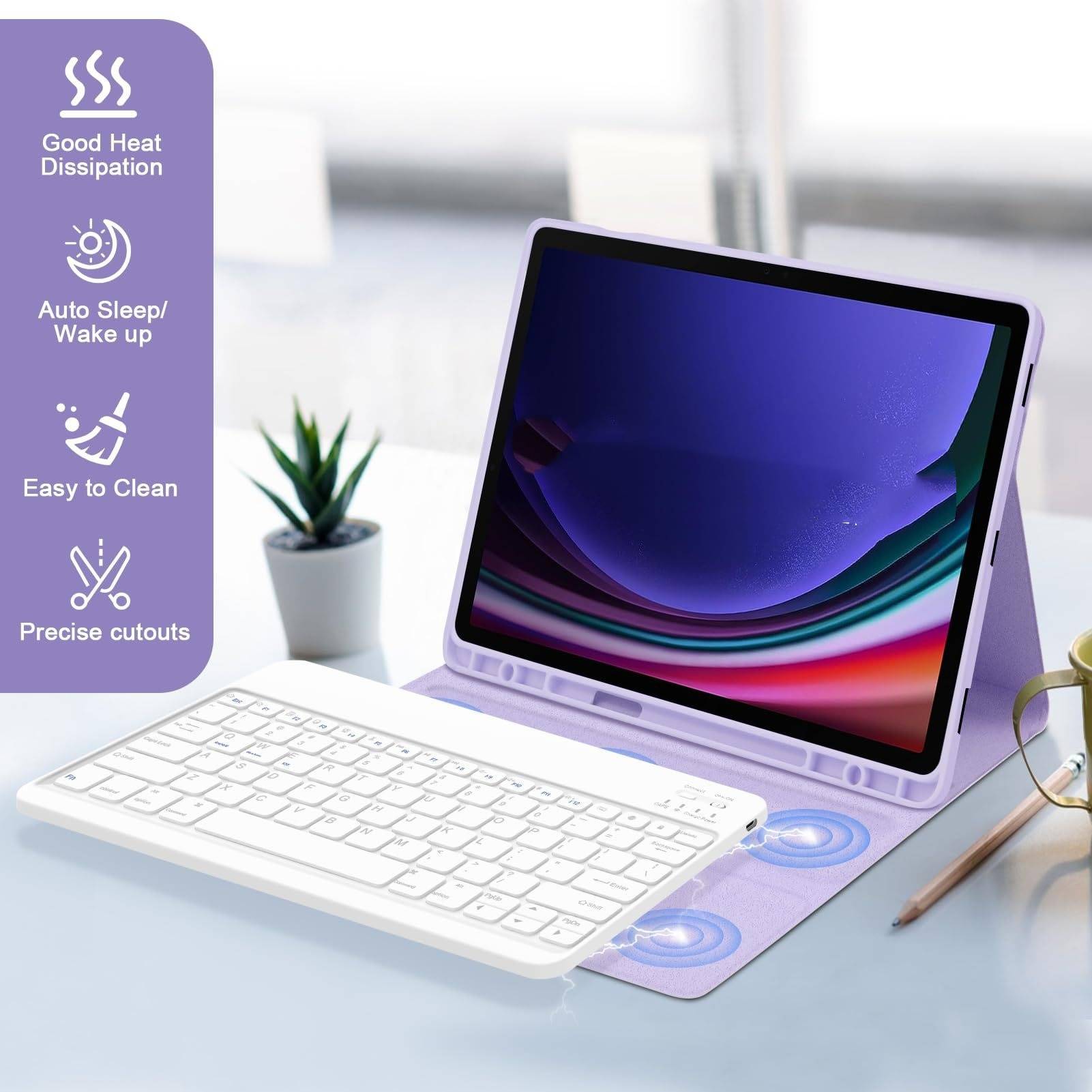 Lila Bluetooth-Tastaturhülle mit Tastatur kompatibel mit Samsung Galaxy Tab S9/S9 FE/S10 (10,9 Zoll)