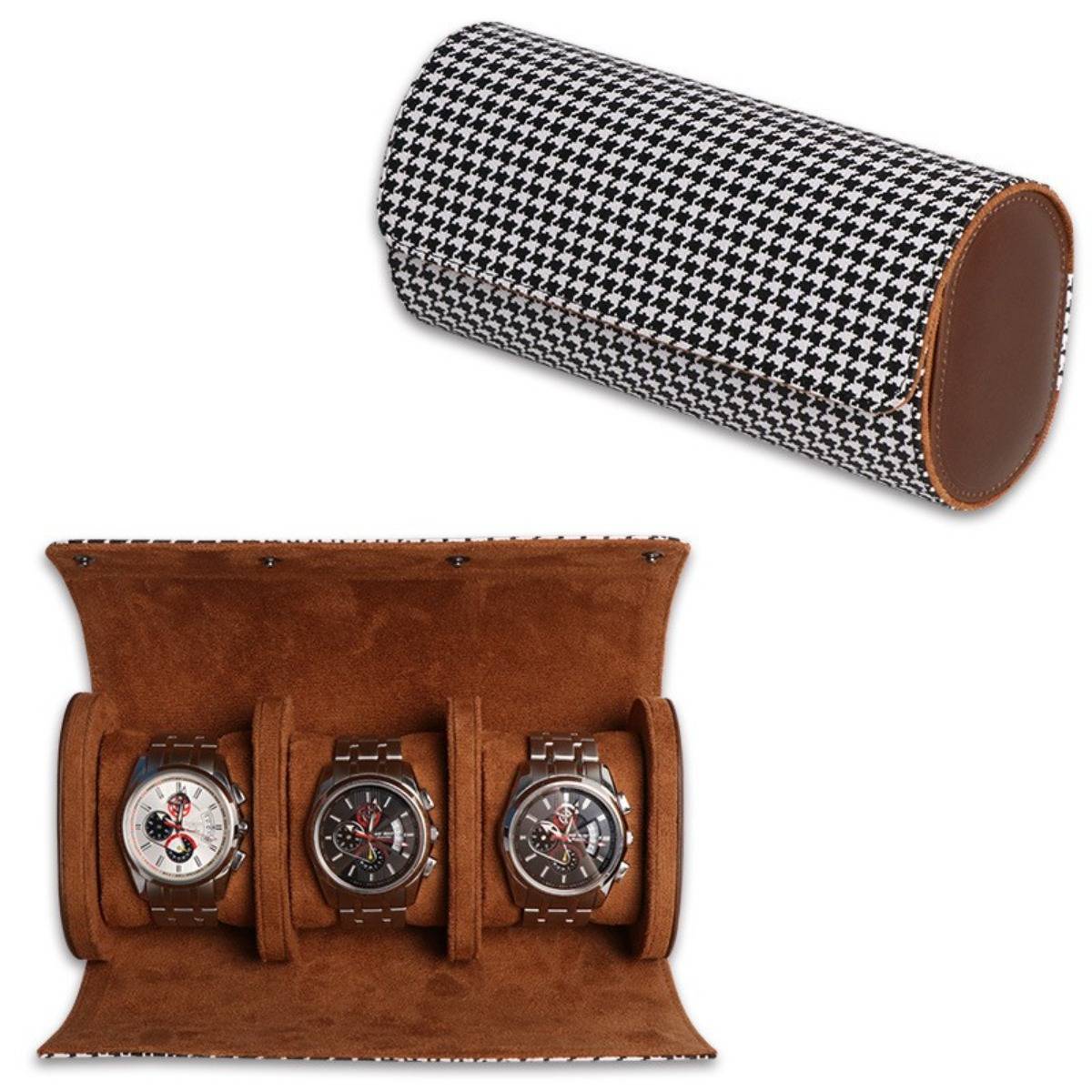 Houndstooth PU Leder 3-Slot Uhren Reiseetui - Tragbare Uhrenaufbewahrungsbox