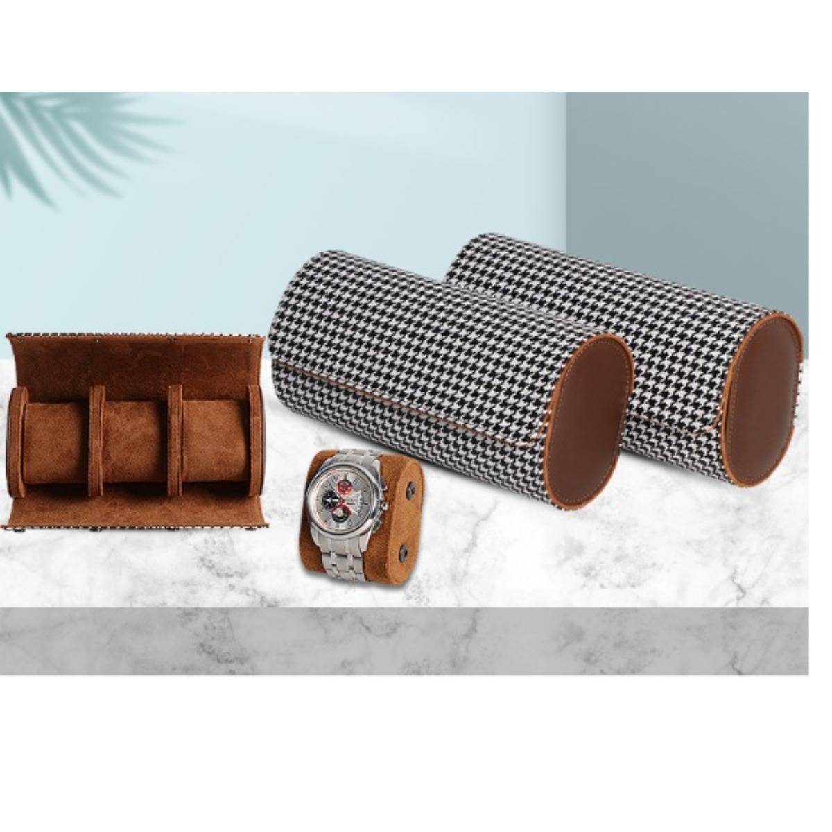 Houndstooth PU Leder 3-Slot Uhren Reiseetui - Tragbare Uhrenaufbewahrungsbox