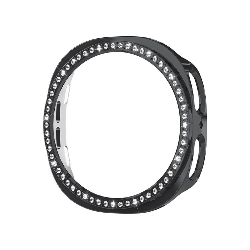 Ein schwarzes Smartwatch-Gehäuse, das mit kleinen, glänzenden Kristallen um seine kreisförmige Kante verziert ist.