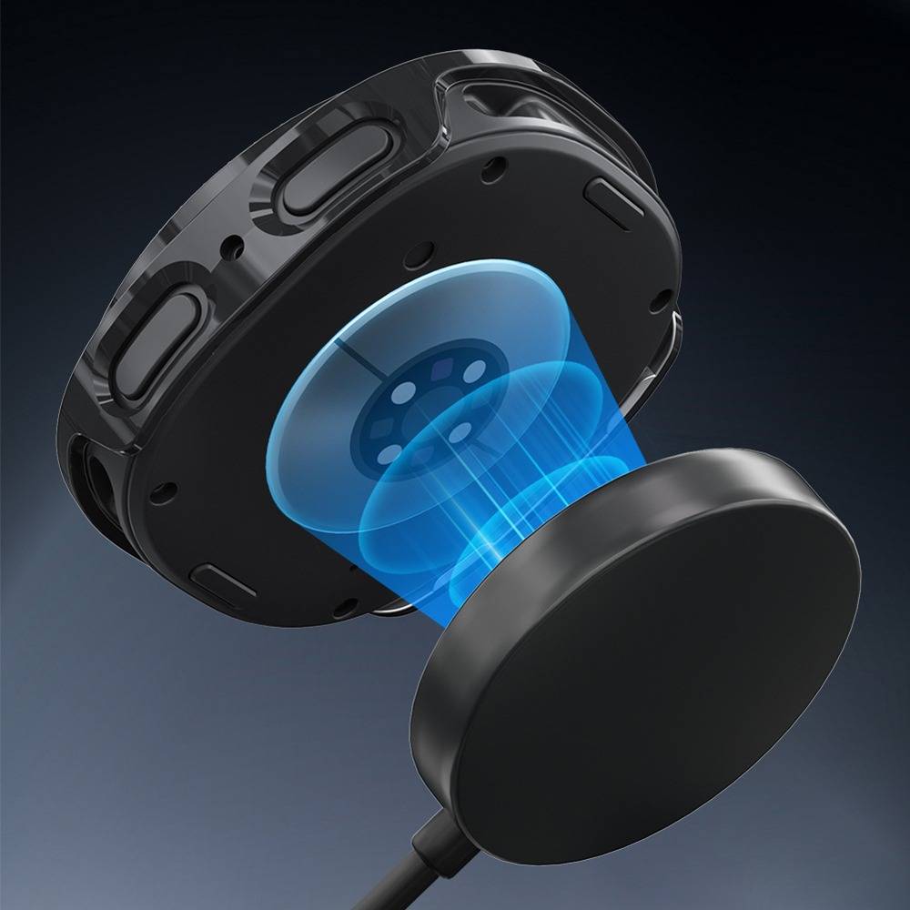 Ein schwarzes kabelloses Ladegerät mit einem magnetischen Befestigungssystem. Ein leuchtendes blaues Licht hebt den Verbindungspunkt hervor.