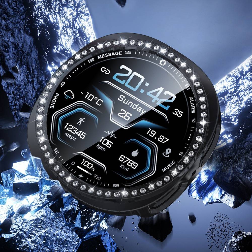 Eine Smartwatch-Anzeige zeigt Uhrzeit, Datum, Herzfrequenz, Schritte und verbrannte Kalorien an. Sie hat eine dekorative Einfassung und eine digitale Benutzeroberfläche.