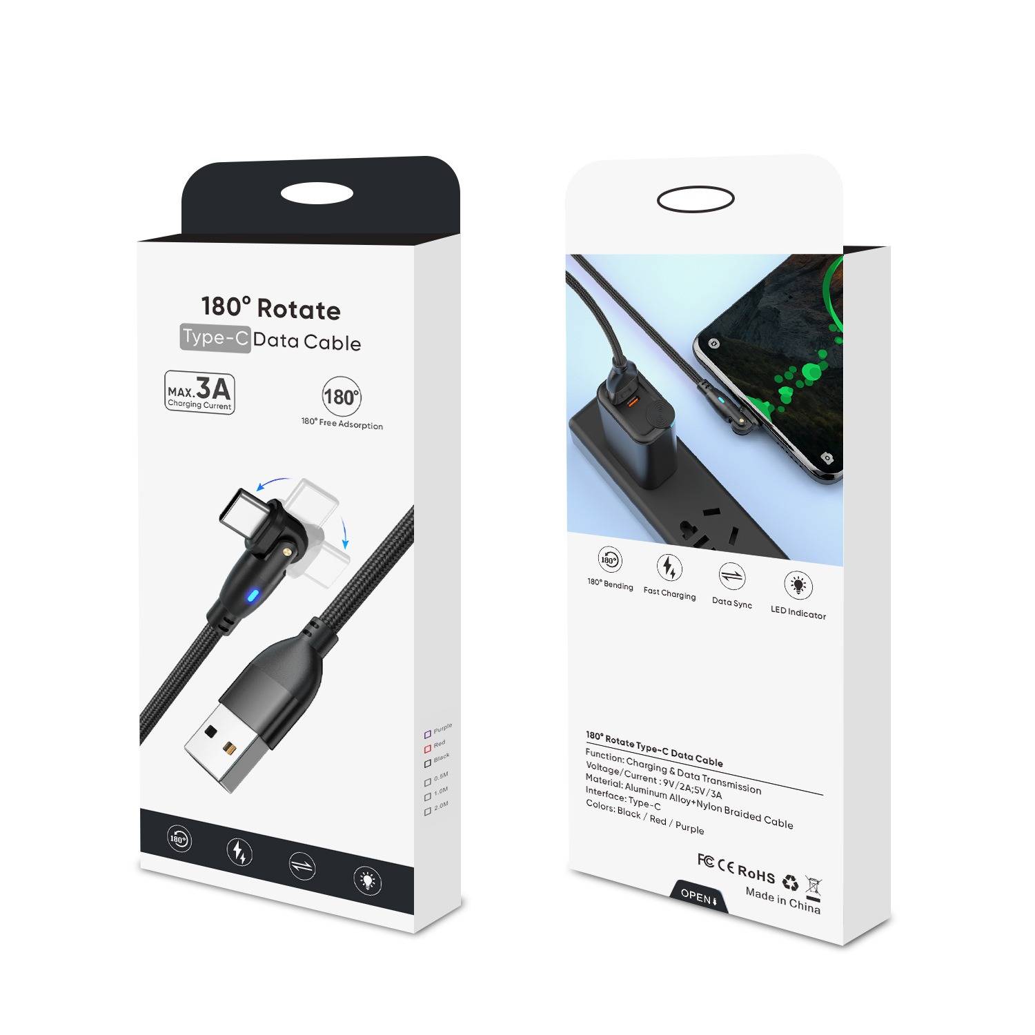 2er-Pack USB auf Typ-C 180° drehbares Ladekabel - Schnellladen & Datenübertragung Black 3 m