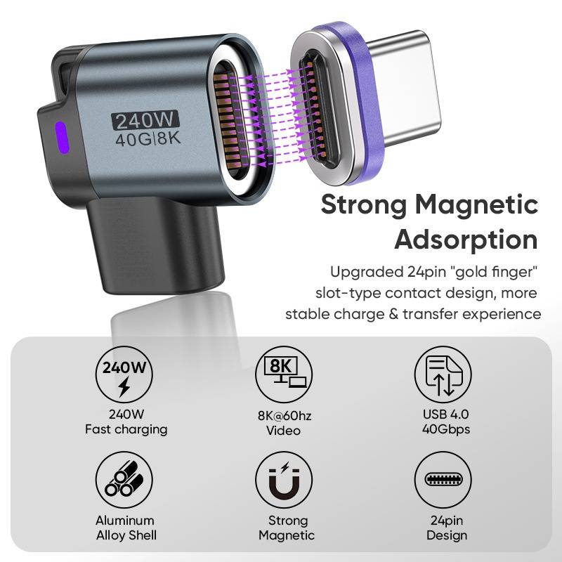 24-Pin T-förmiger 8K/40Gbps 240W Typ-C Adapter mit magnetischem Anschluss, kompatibel mit APPLE, Samsung, Huawei