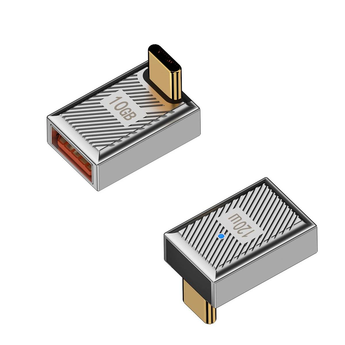 USB A Buchse auf USB-C Stecker Adapter, rechtwinklig, 120W mit Kontrollleuchte, Aluminiumlegierung