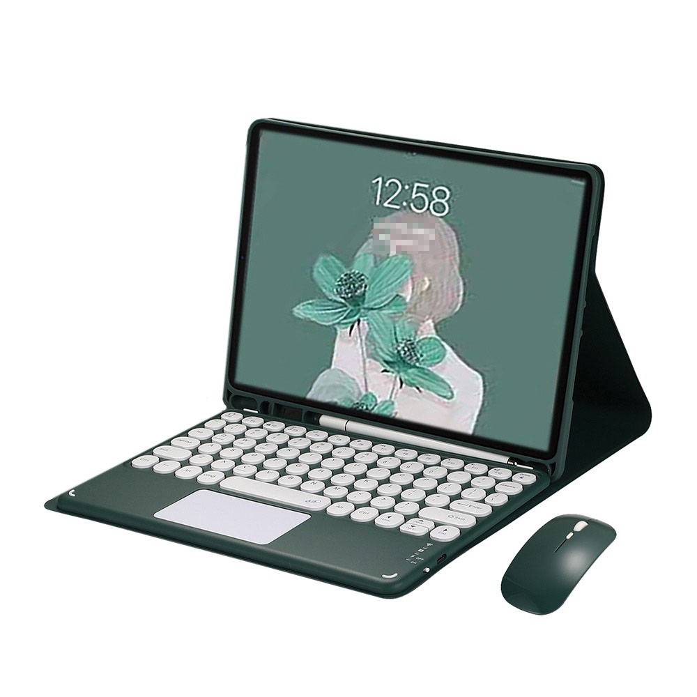 Ein Tablet mit Tastatur und Maus, das ein abstraktes Bild einer Person zeigt, die eine Blume hält, mit der Uhrzeit „12:58" auf dem Bildschirm angezeigt.