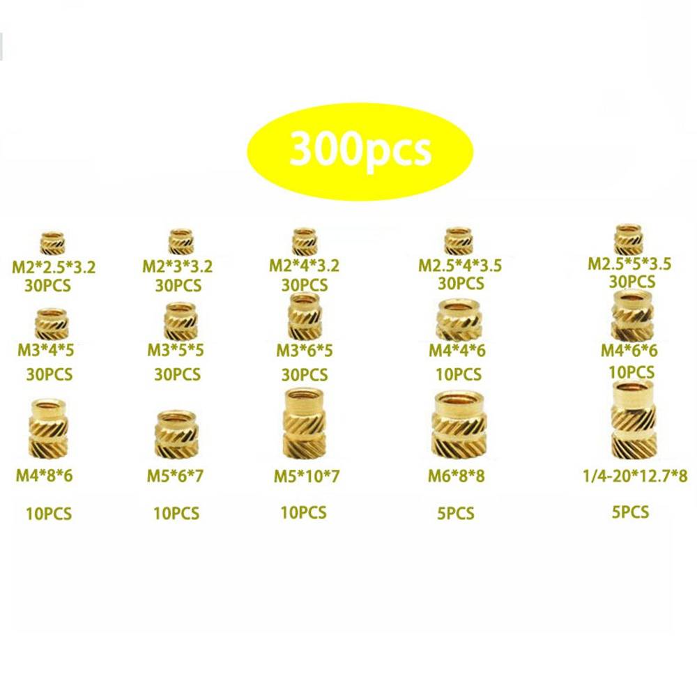 300 Stück Rändel-Gewindeeinsatzmuttern Set - Messing Wärme-Einsatzmuttern Sortiment Kit