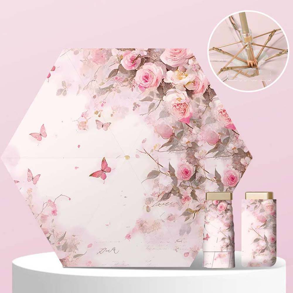 Ultraleichter Mini-Flachschirm, sechsfach faltbar – Blumendesign, Goldrahmen, UV-Schutz