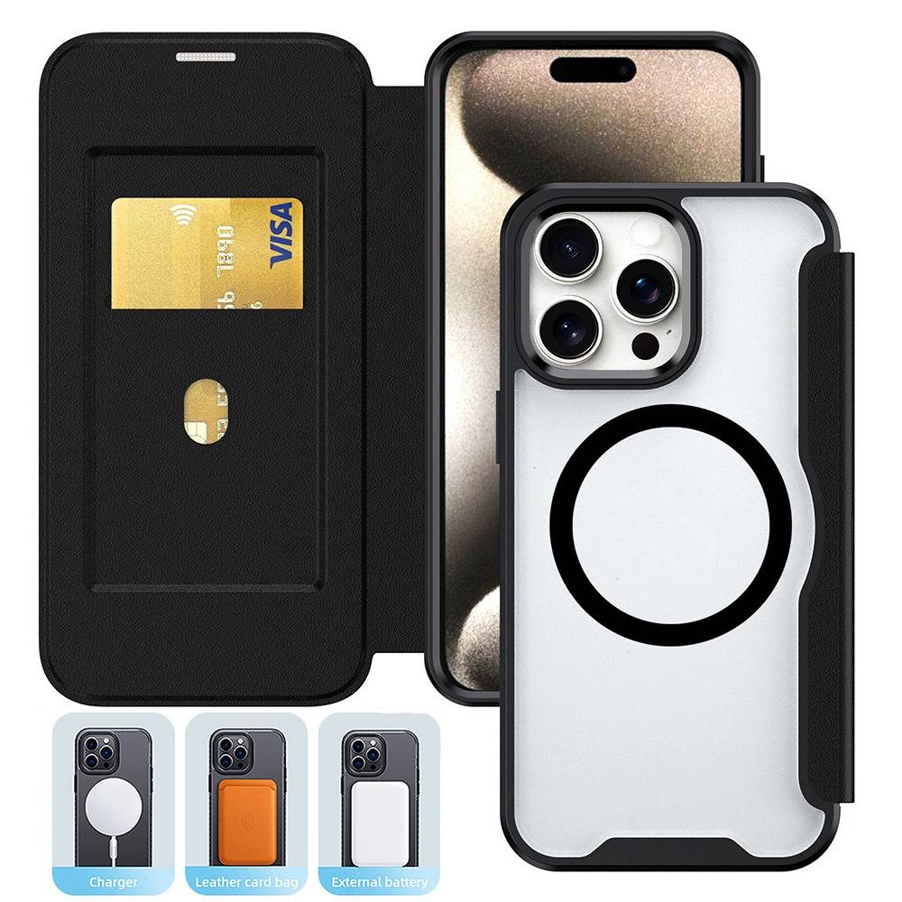 Schwarze magnetische -Brieftasche kompatibel mit iPhone 16 - RFID-Blockierung & Kartenhalter