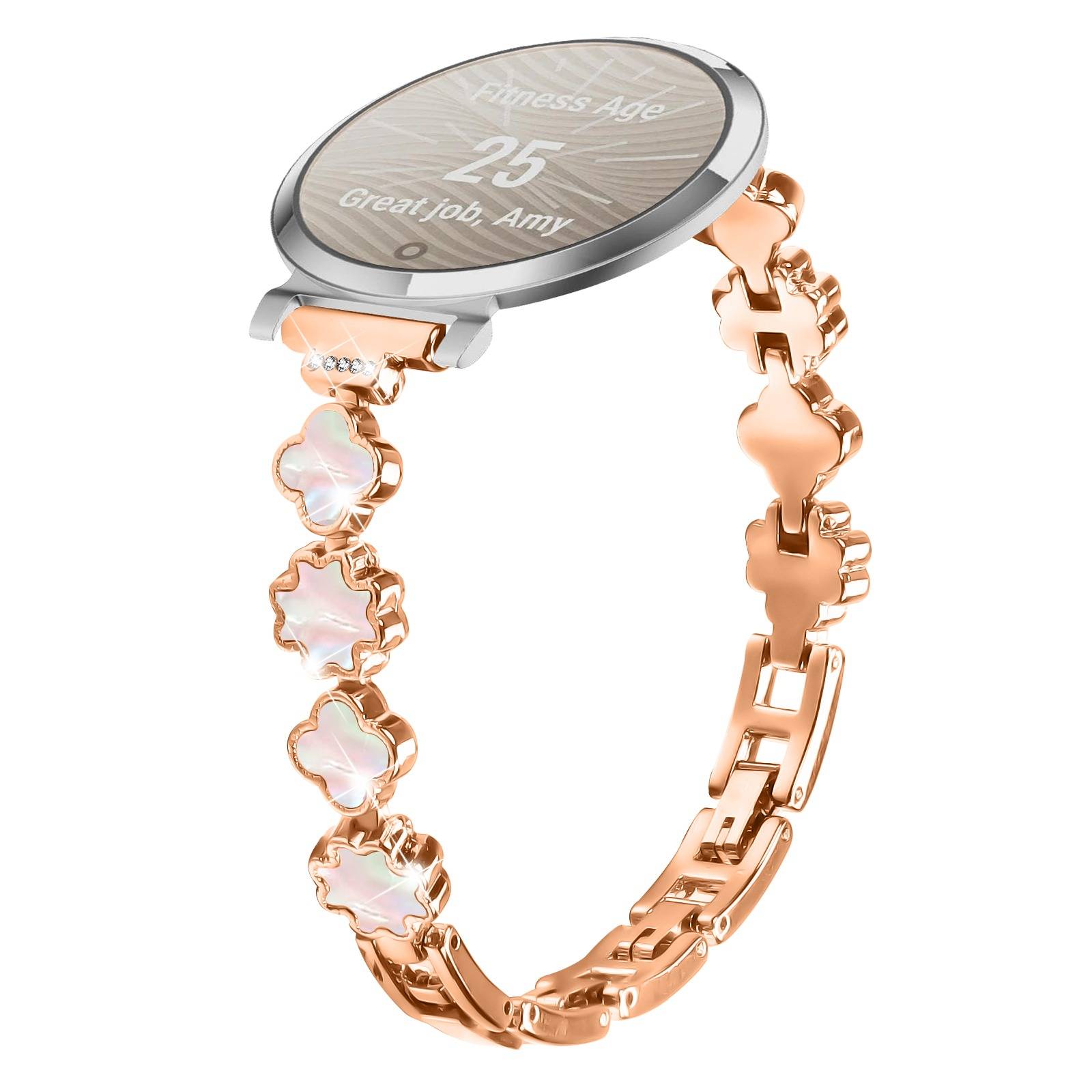 Elegantes Metallarmband mit Klee- und Perlmutt-Design, kompatibel mit Garmin Lily 2 PinkGold
