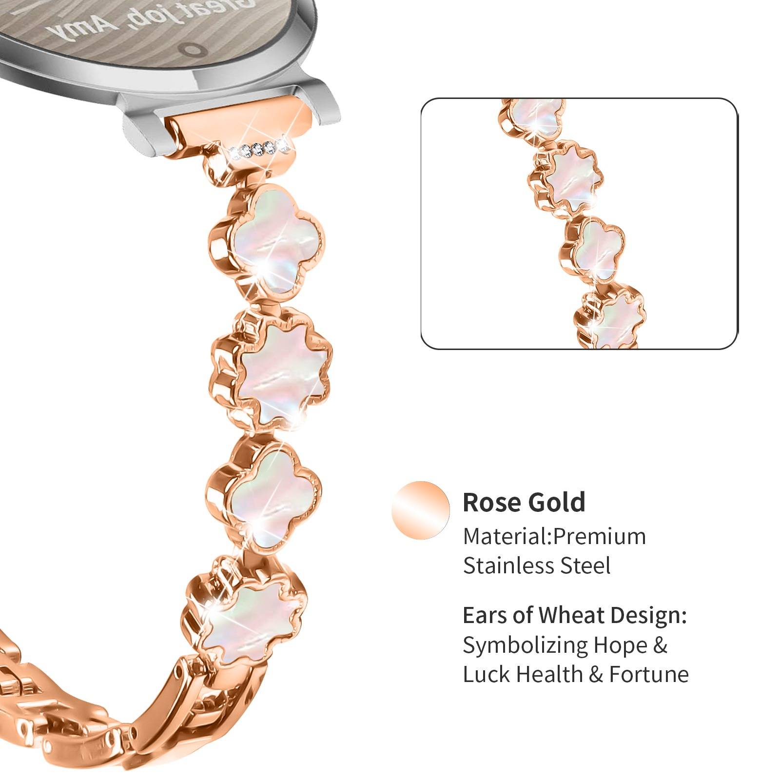 Elegantes Metallarmband mit Klee- und Perlmutt-Design, kompatibel mit Garmin Lily 2 PinkGold