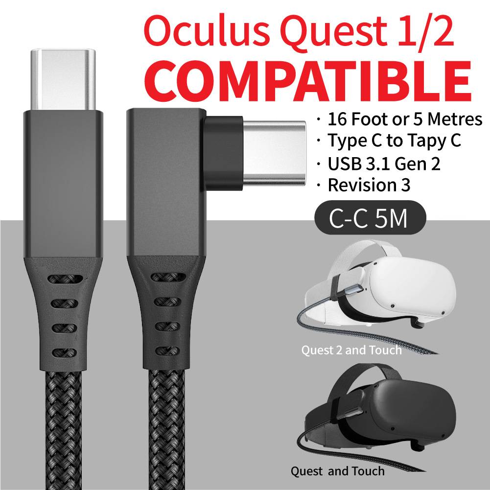C-auf-C 5m/16FT Winkel-VR-Linkkabel für PC-Gaming, Nylon-Ummantelung, USB 3.1 Schnelllade- und Datenkabel, kompatibel mit Oculus Quest 2