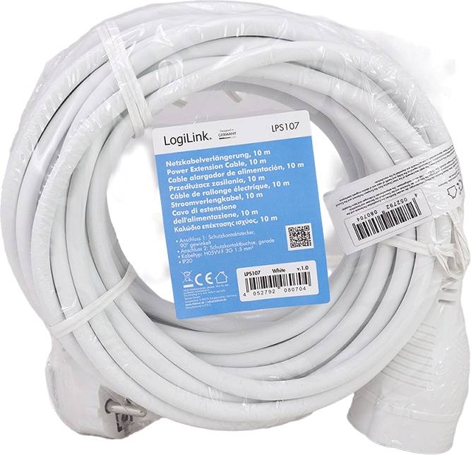 LOGILINK Schutzkontaktverlängerung LPS107 CEE7/7 (90°) zu CEE 7/3 10m weiß