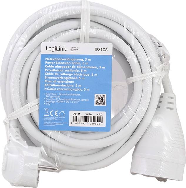 LOGILINK Schutzkontaktverlängerung LPS106 CEE7/7 (90°) zu CEE 7/3 5m weiß