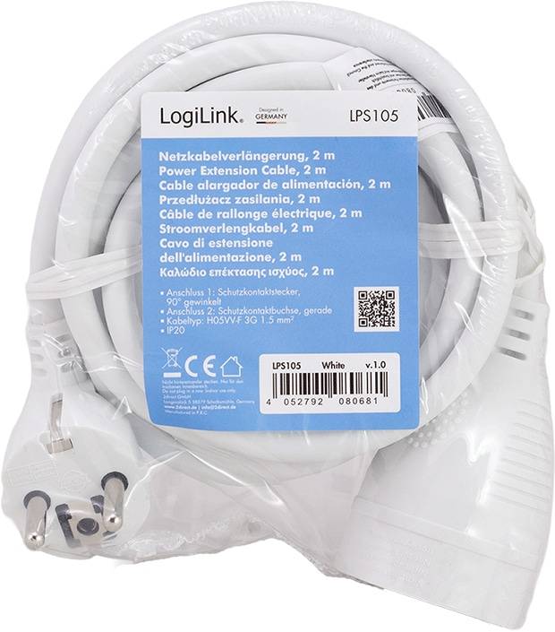 LOGILINK Schutzkontaktverlängerung LPS105 CEE7/7 (90°) zu CEE 7/3 2m weiß