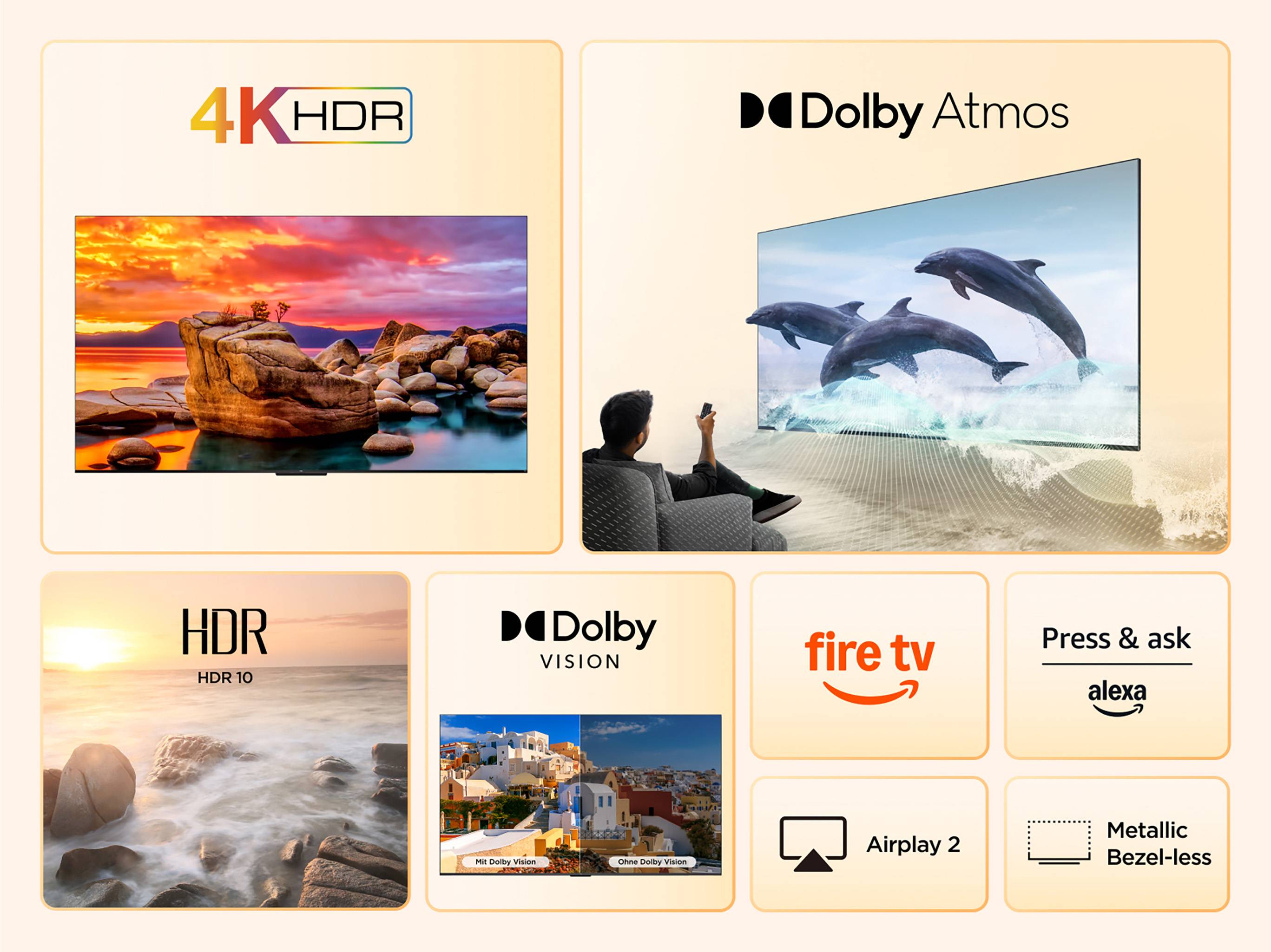 TCL Fernseher 55 Zoll Fire TV 4K UHD Smart TV HDR Dolby Vision & Atmos Alexa Triple-Tuner 55PF650A