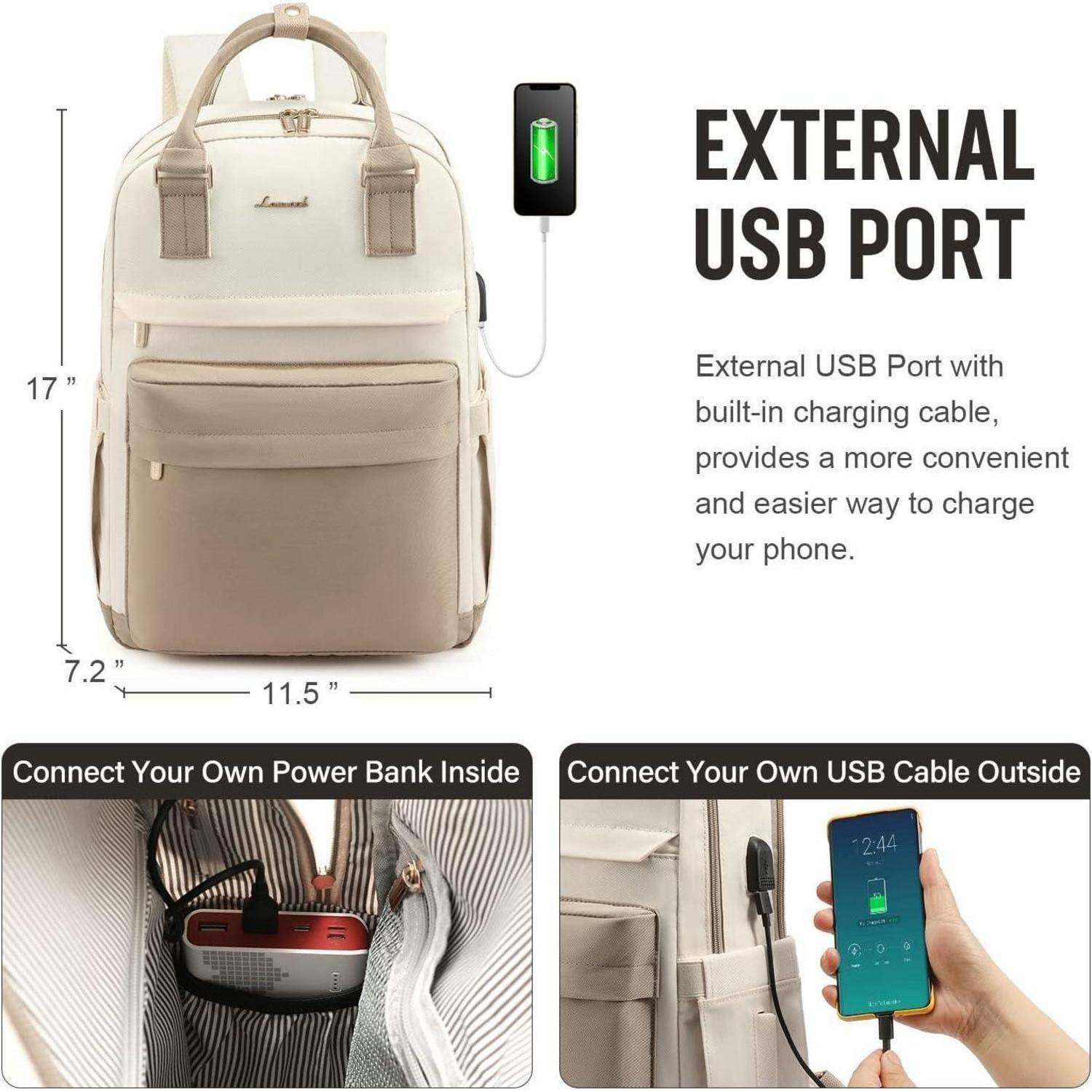 Rucksack Damen 15,6 Zoll Laptop Wasserdicht USB Anschluss Khaki