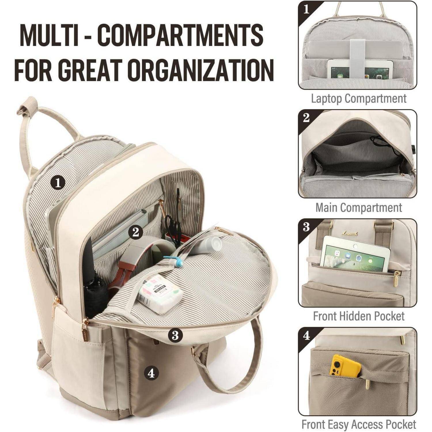 Rucksack Damen 15,6 Zoll Laptop Wasserdicht USB Anschluss Khaki