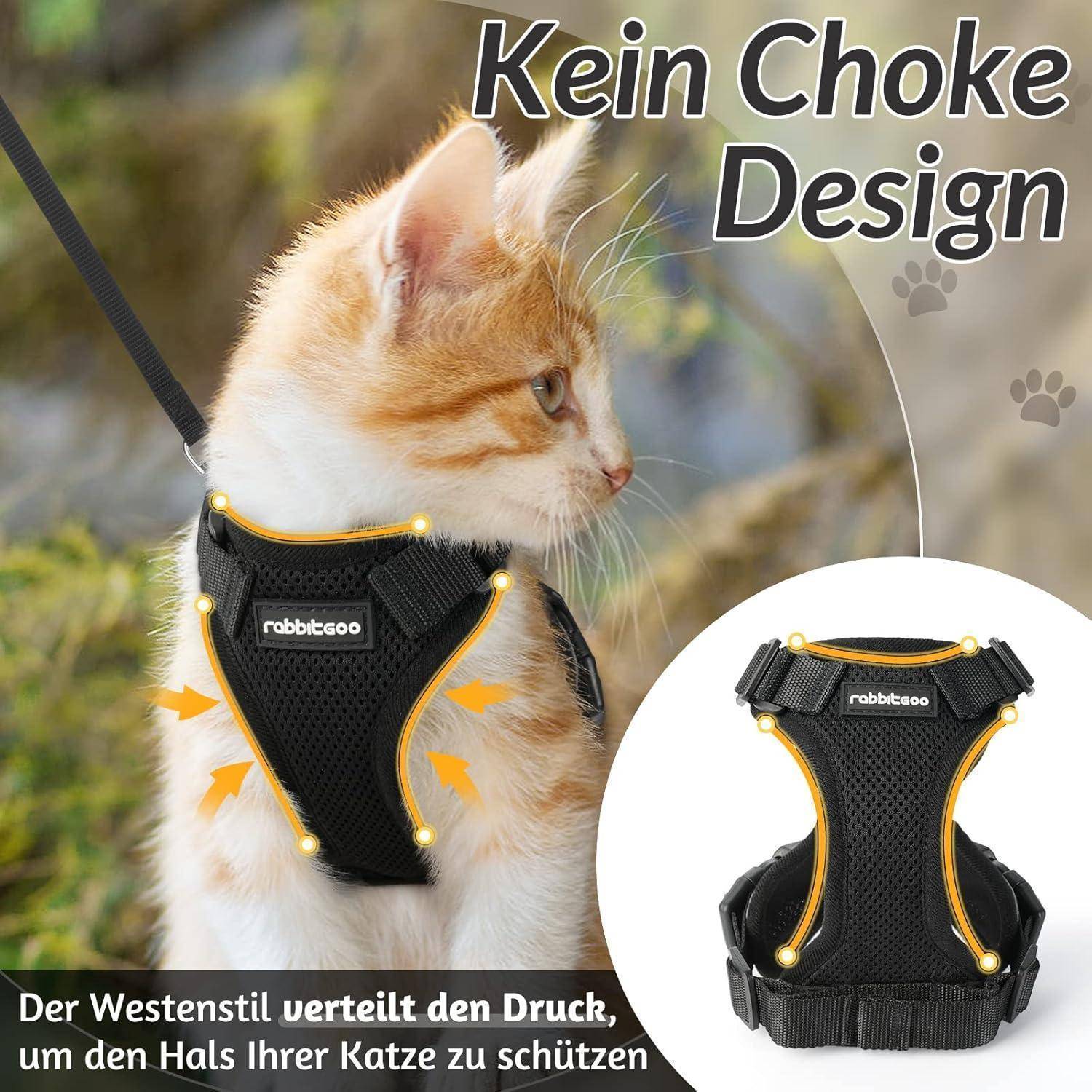 rabbitgoo Katzengeschirr mit Leine Softgeschirr für Katze Brustgeschirr Cat Harness Katzengarnitur Ausbruchsicher Verstellbar Katzenweste Schwarz