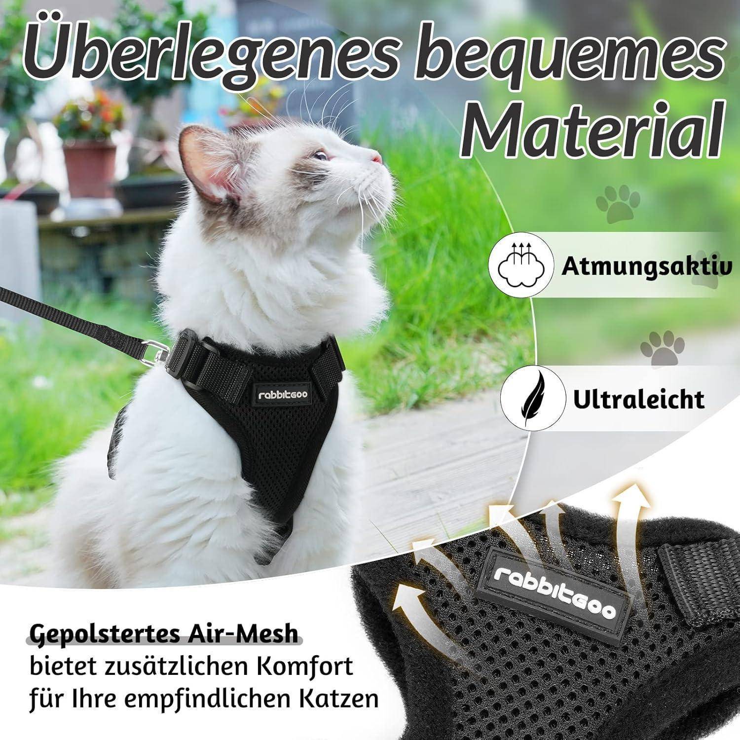 rabbitgoo Katzengeschirr mit Leine Softgeschirr für Katze Brustgeschirr Cat Harness Katzengarnitur Ausbruchsicher Verstellbar Katzenweste Schwarz