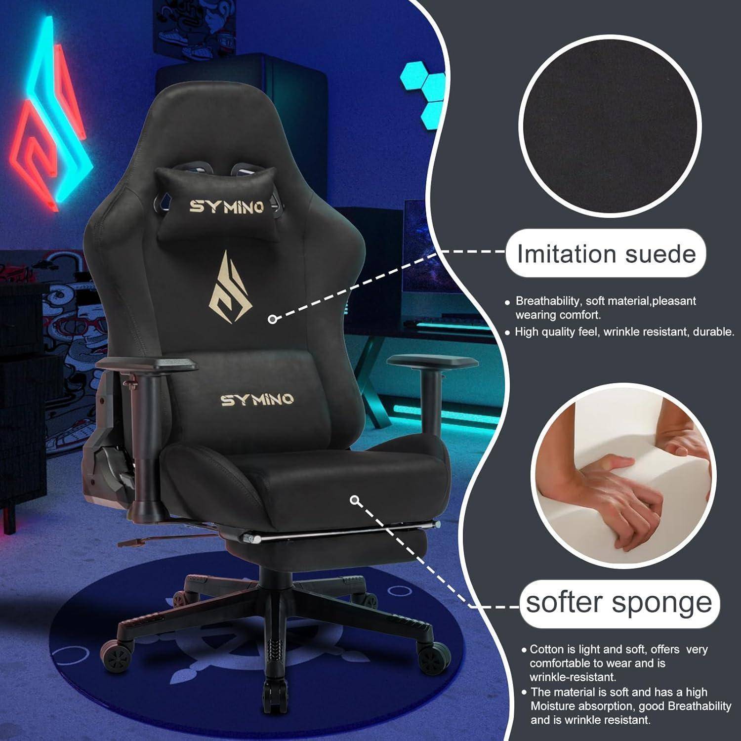 Gaming Stuhl schwarz Hochwertiger-Stoff, Ergonomischer PC Stuhl mit