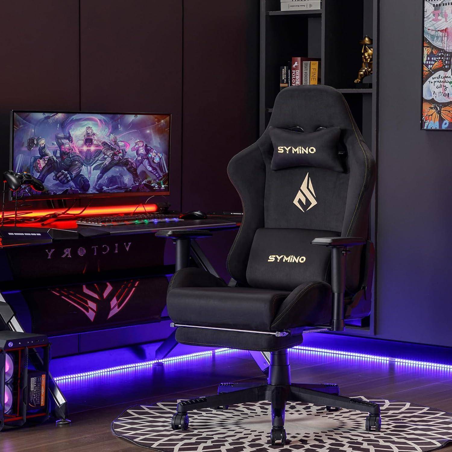 Gaming Stuhl schwarz Hochwertiger-Stoff, Ergonomischer PC Stuhl mit