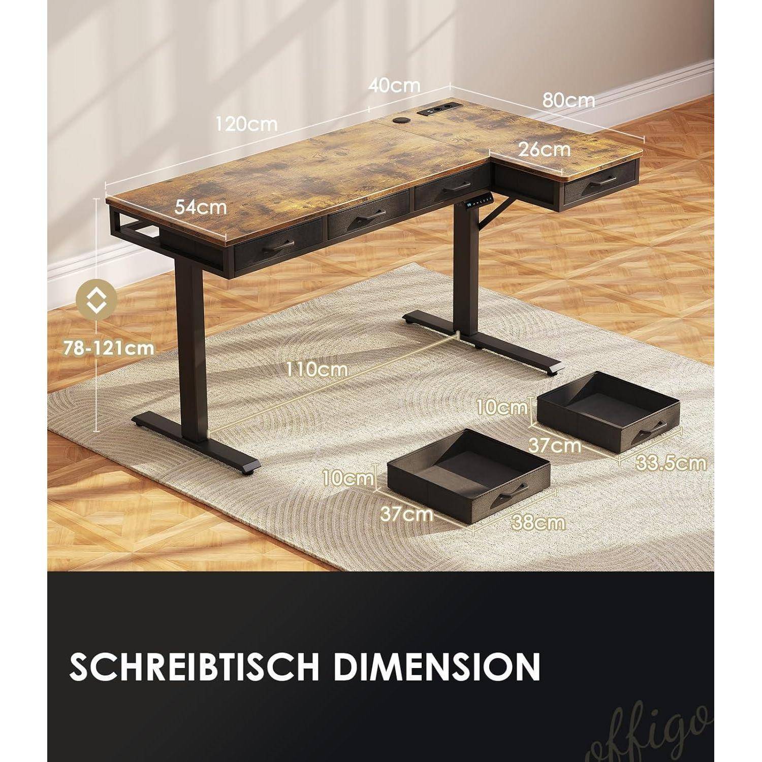 Eckschreibtisch Höhenverstellbar Elektrisch 160cm 4 Schubladen