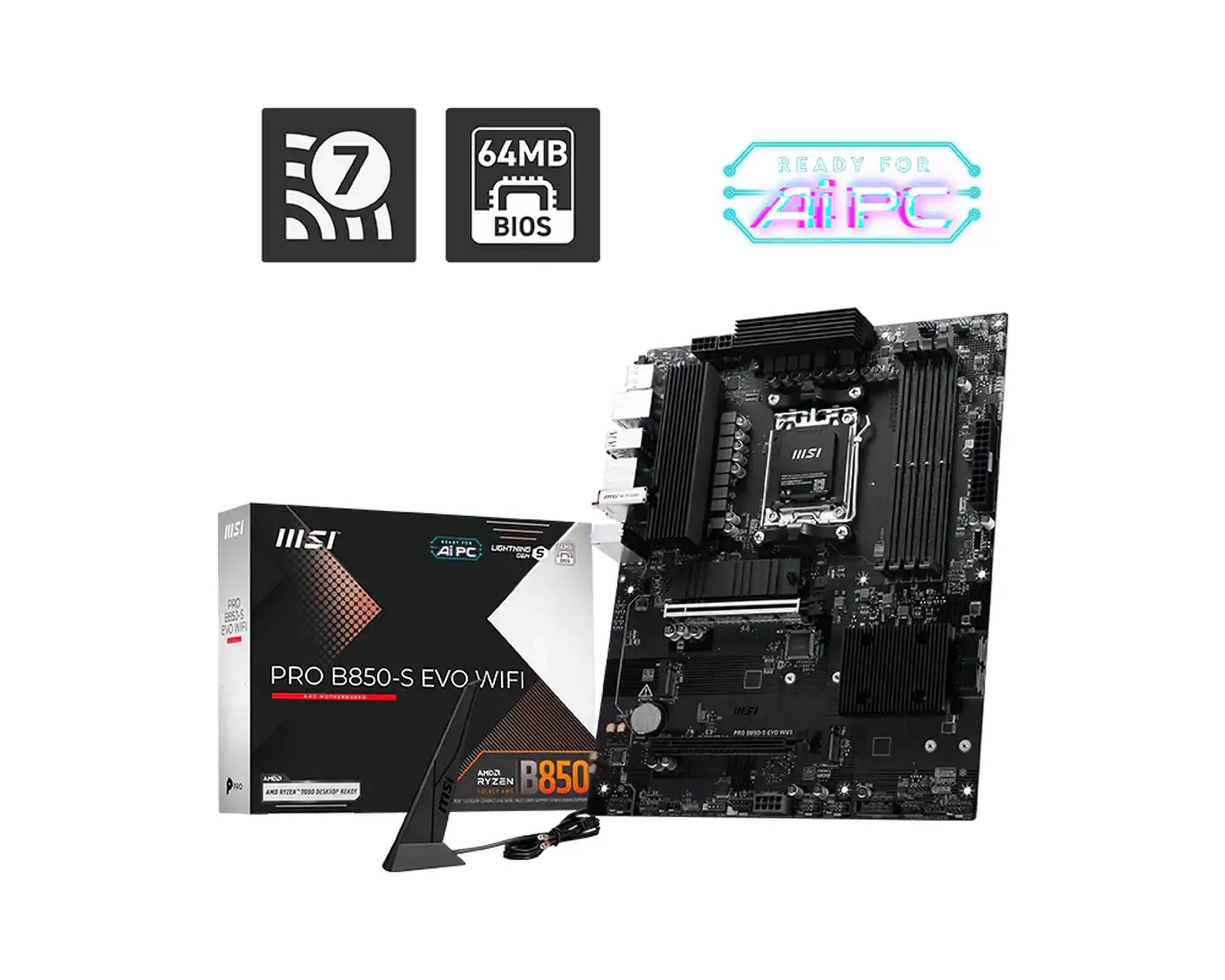 MSI PRO B850-S EVO WIFI - Motherboard - ATX - Socket AM5 - AMD B850 Chipsatz - USB-C 3.2 Gen2, USB 3.2 Gen 1, USB 3.2 Gen 2 - 5 Gigabit Ethernet