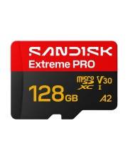 SanDisk Extreme Pro 128GB microSD-Karte, gekennzeichnet mit V30, A2 und microSDXC.