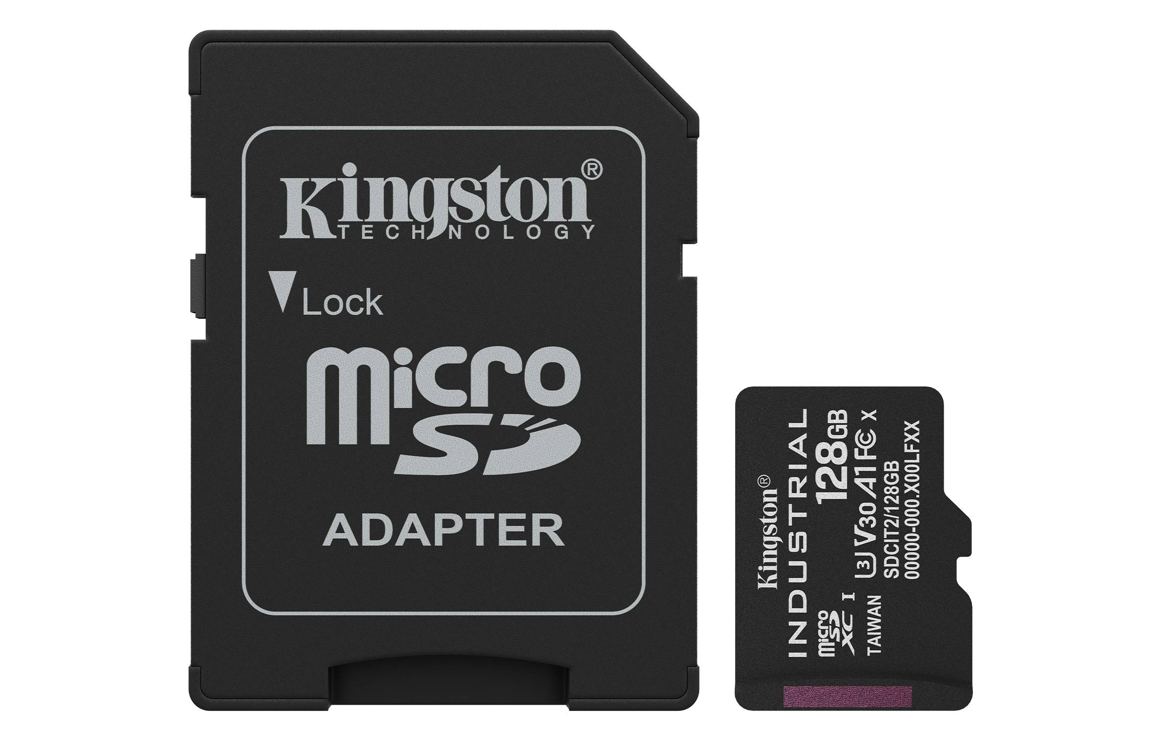 Kingston microSD-Adapter neben einer 128GB microSD-Karte, wobei eine Speicherkarte und ihr Adapter auf weißem Hintergrund gezeigt werden.