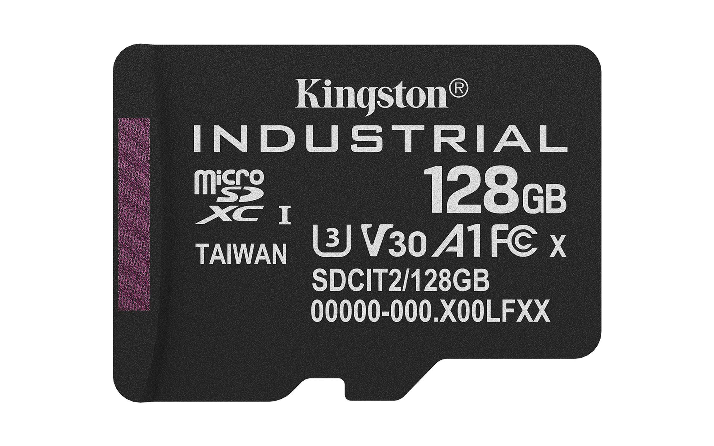 Kingston Industrial 128GB microSD-Karte, gekennzeichnet mit microSDXC I, U3, V30, A1, C, mit Modell SDCIT2/128GB.