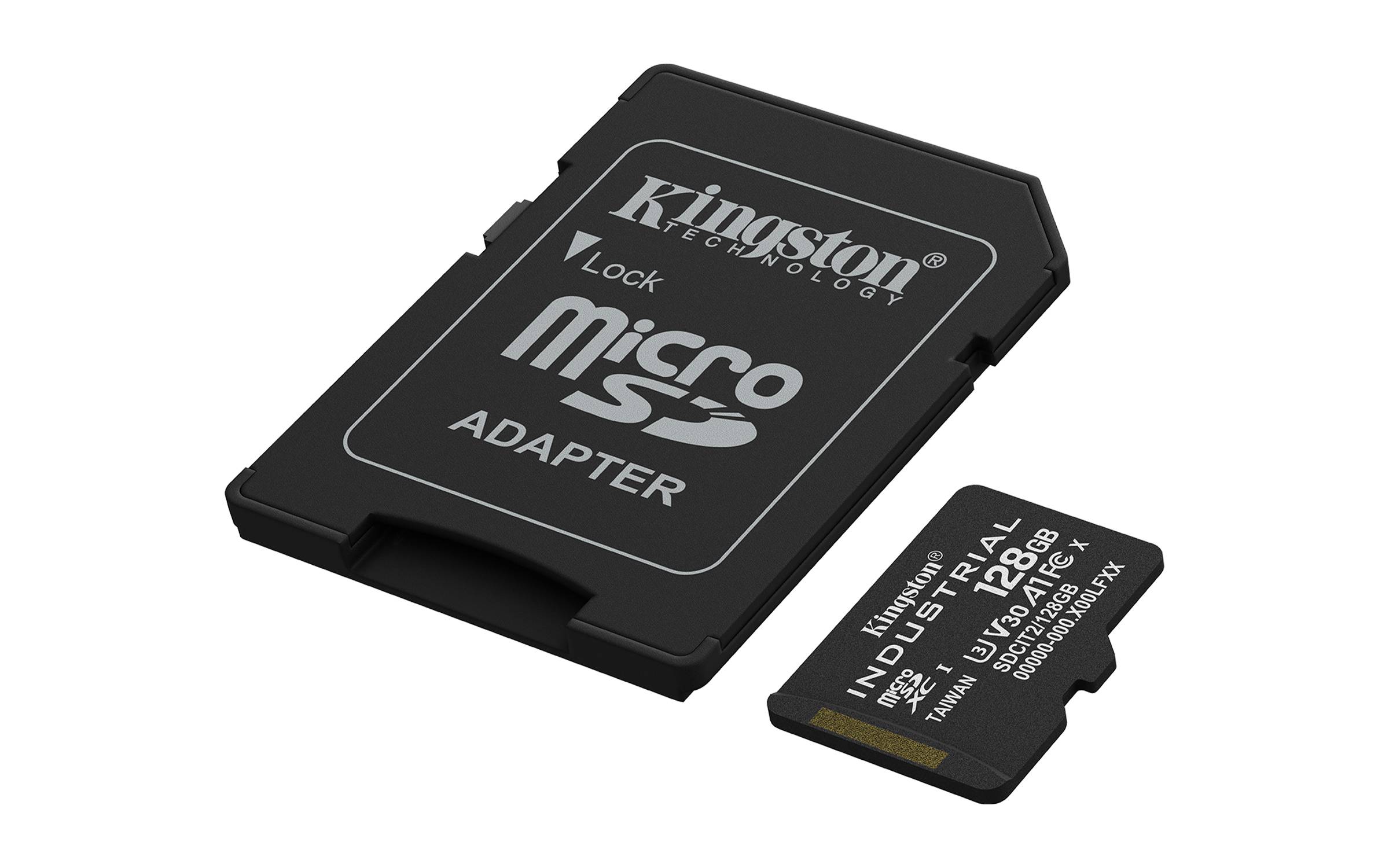 Kingston Micro-SD-Karte und SD-Adapter nebeneinander auf weißem Hintergrund angezeigt.