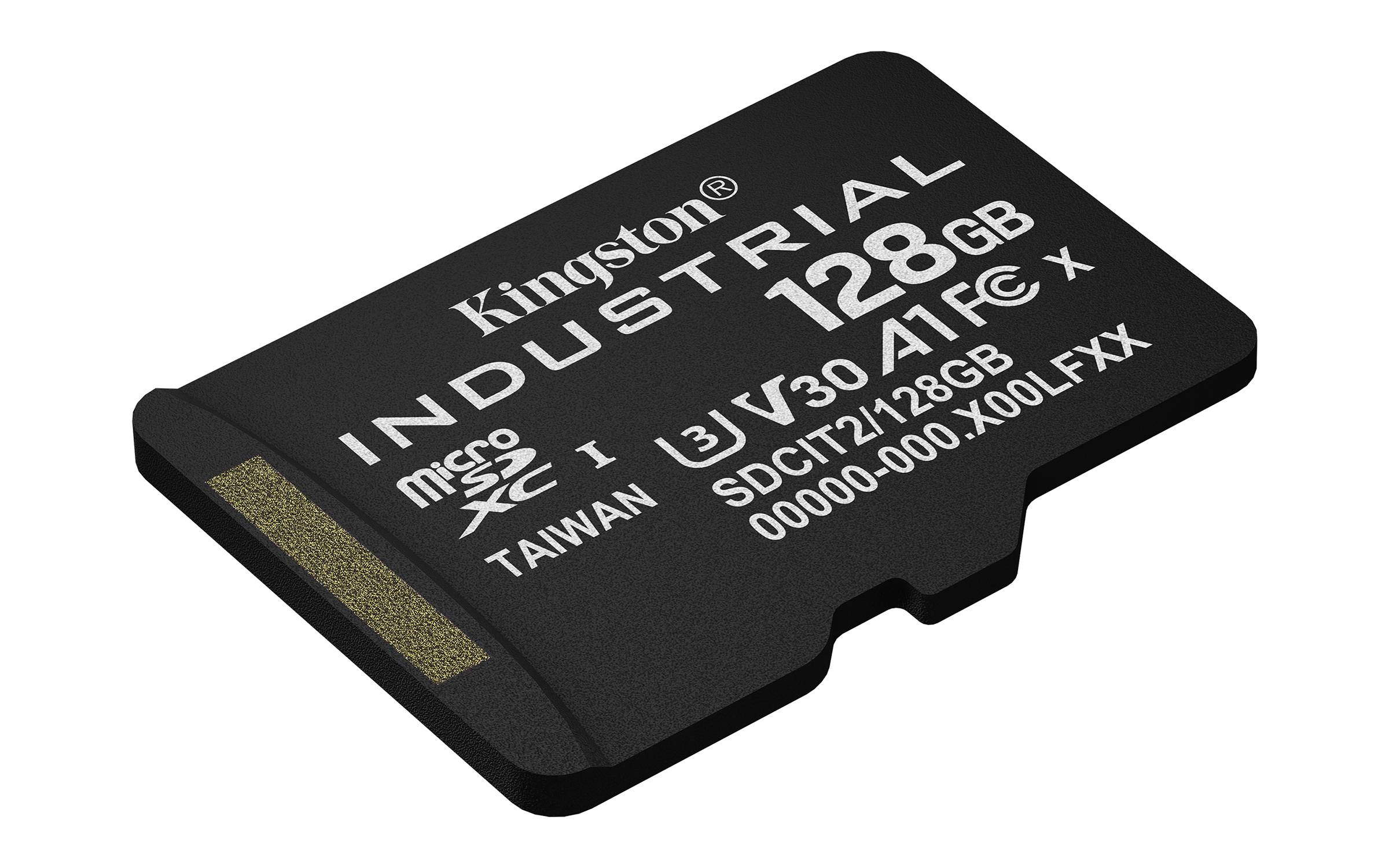 Kingston Industrial 128GB microSD-Speicherkarte, auf weißem Hintergrund dargestellt.