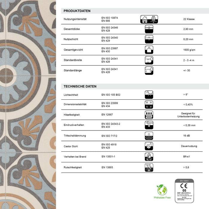 FLOORDIREKT CV-Belag Plaza - Extra abriebfester & pflegeleichter PVC-Bodenbelag 200 x 50 cm - Lagos 761 M