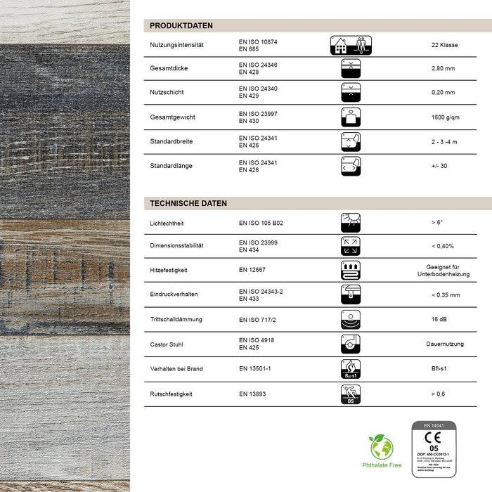 FLOORDIREKT CV-Belag Plaza - Extra abriebfester & pflegeleichter PVC-Bodenbelag 100 x 100 cm - Oak Chevron 907 M