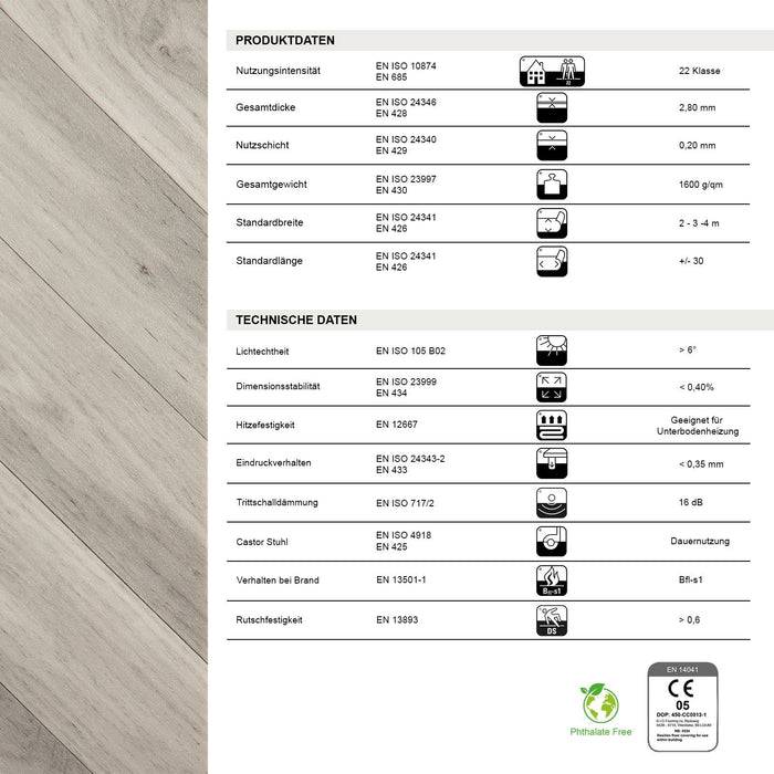 FLOORDIREKT CV-Belag Plaza - Extra abriebfester & pflegeleichter PVC-Bodenbelag 100 x 100 cm - Oak Chevron 907 M