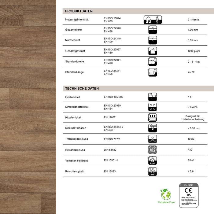 FLOORDIREKT CV-Belag Atlantic - Extra abriebfester & pflegeleichter PVC-Bodenbelag 200 x 100 cm - Eiche Gold 609 L