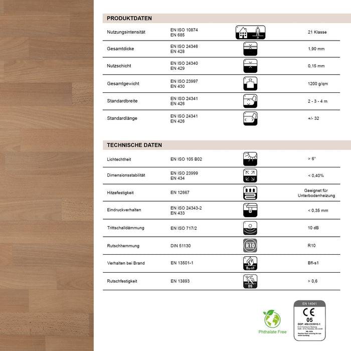 FLOORDIREKT CV-Belag Atlantic - Extra abriebfester & pflegeleichter PVC-Bodenbelag 200 x 300 cm - Buche-Optik 101 S