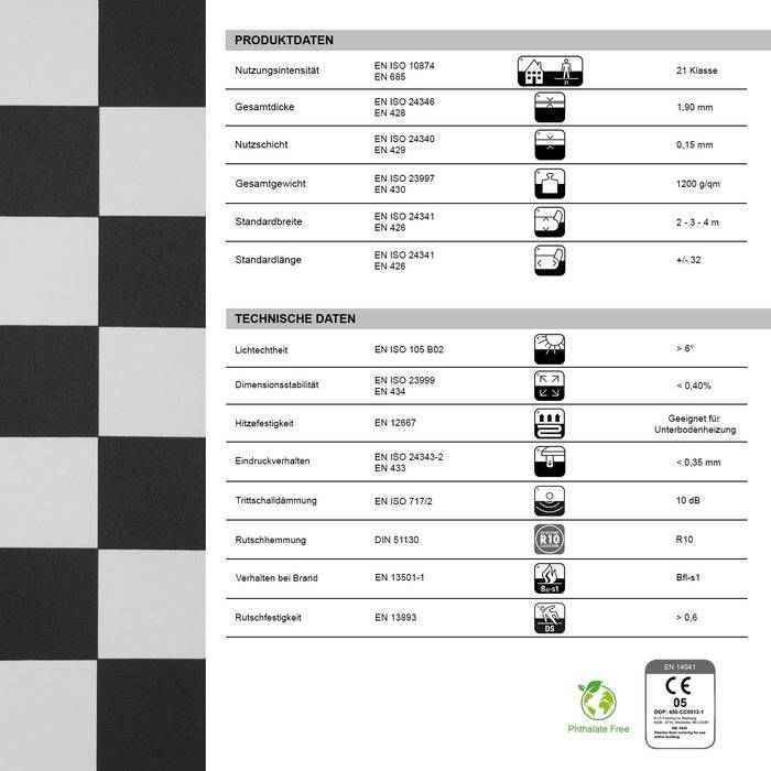 FLOORDIREKT CV-Belag Atlantic - Extra abriebfester & pflegeleichter PVC-Bodenbelag 200 x 100 cm - Damier 019 D