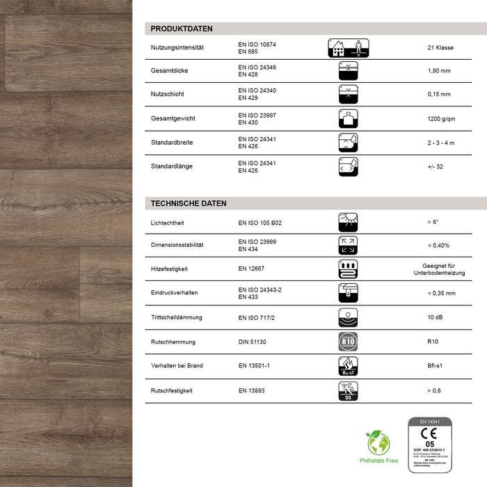 FLOORDIREKT CV-Belag Atlantic - Extra abriebfester & pflegeleichter PVC-Bodenbelag 100 x 200 cm - Eiche Antik 606 M