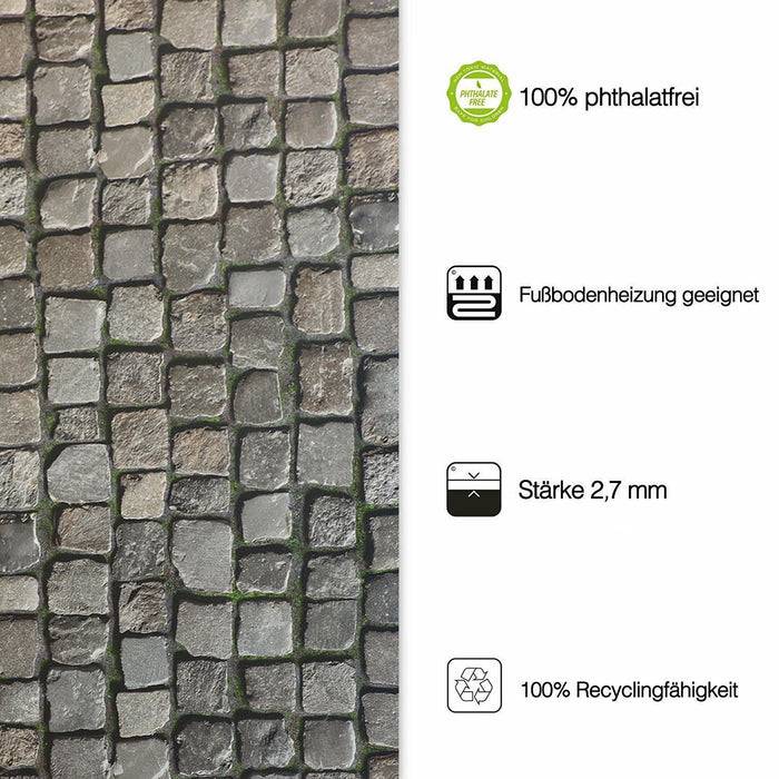 FLOORDIREKT 3D CV-Belag Cobble - Extra abriebfester & pflegeleichter PVC-Bodenbelag 100 x 500 cm - Pflasterstein-Optik