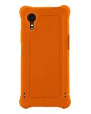Orange Schutzhülle für Smartphone, von hinten gezeigt, mit Kameraausschnitt und robusten Eckenstoßfängern.