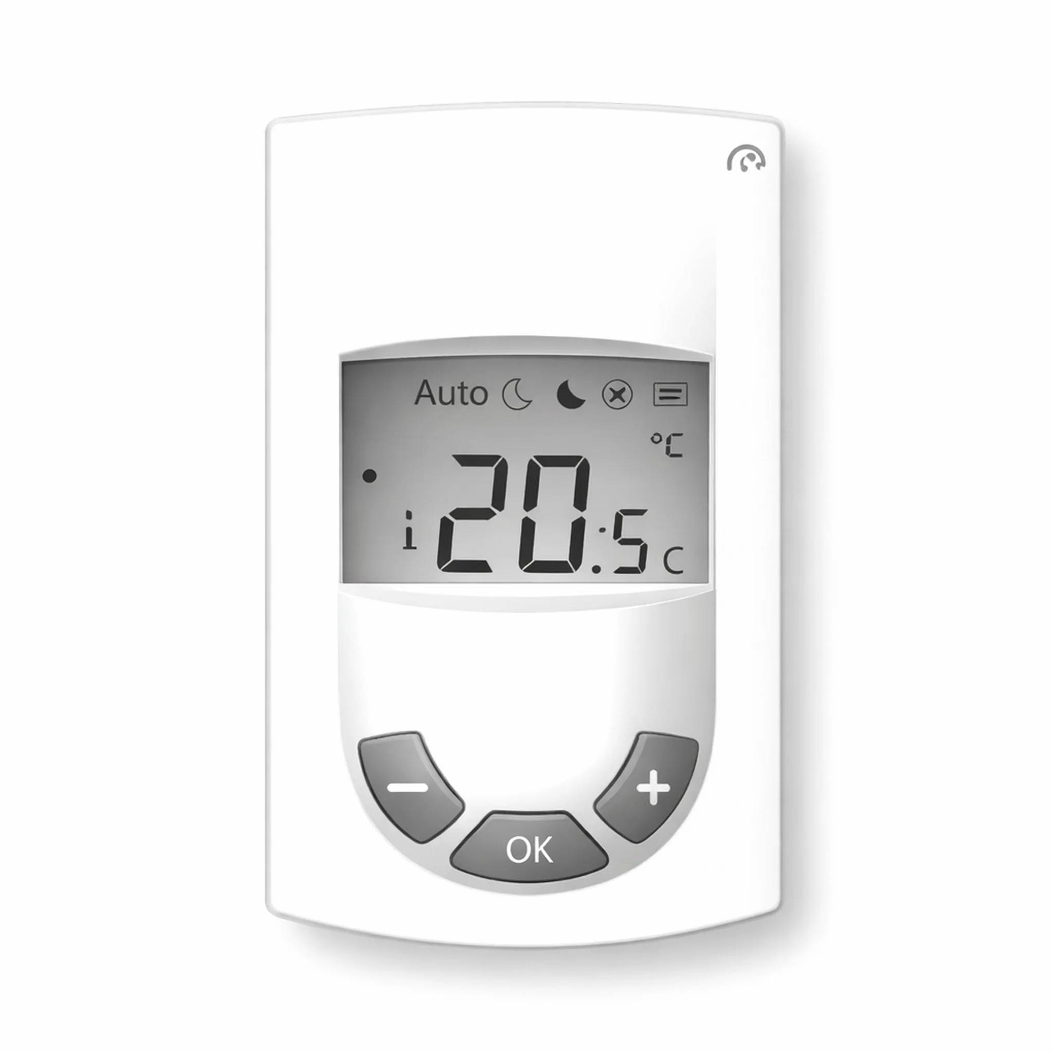 Digitale Thermostat-Anzeige mit 20,5°C im Automatikmodus, mit Plus-, Minus- und OK-Tasten.