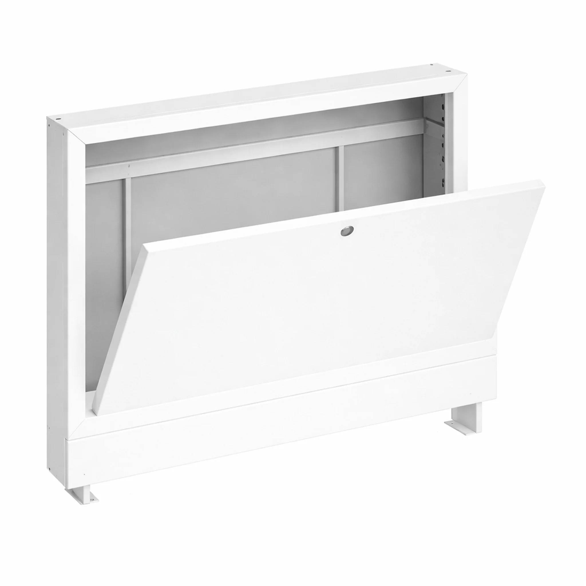 Weißer an der Wand befestigter Metallschrank mit vorne angebrachtem Scharnier-Panel, das offen ist und einen leeren Innenraum zeigt; wahrscheinlich eine elektrische oder technische Zugriffsbox.