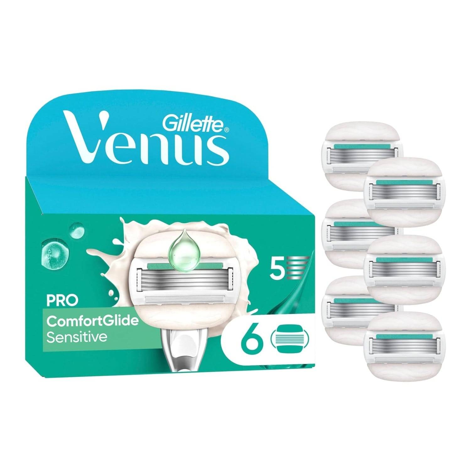 Gillette Venus Pro ComfortGlide Sensitive Rasierer-Packung mit sechs Ersatz-Rasierklingen neben der Verpackung abgebildet.
