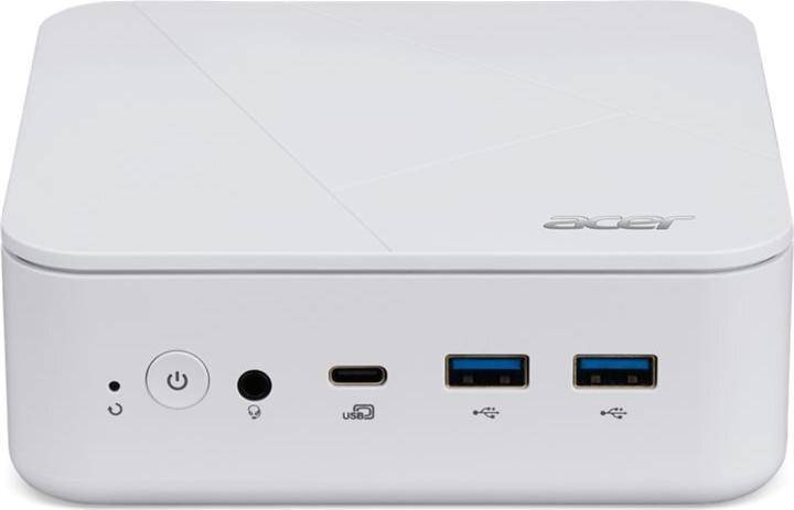 Ein weißes elektronisches Gerät mit einem Power-Button, einer Kopfhörerbuchse, einem USB-C-Anschluss und zwei USB 3.0-Anschlüssen. Das Markenlogo ist teilweise sichtbar.